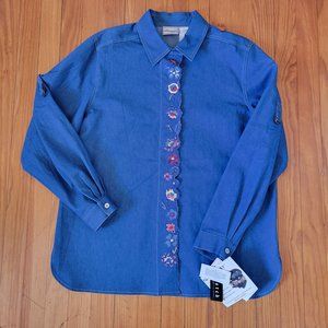 Napa Valley L Blue Jean Denim Embroidered Top Blouse NWT Vintage Western Cottage